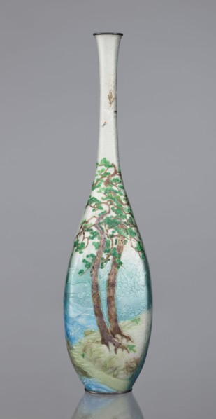 Vase by Kawaguchi Bunzaemon 1860–post 1910, craftsman. Slender cloisonné enamel vase with a long