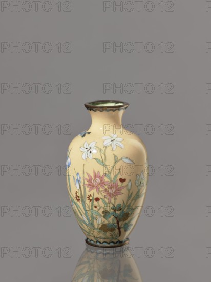 Vase, ; decorated with flowers and birds; cloisonné enamel; Meiji period, ca. 1900; Japan; vessel;