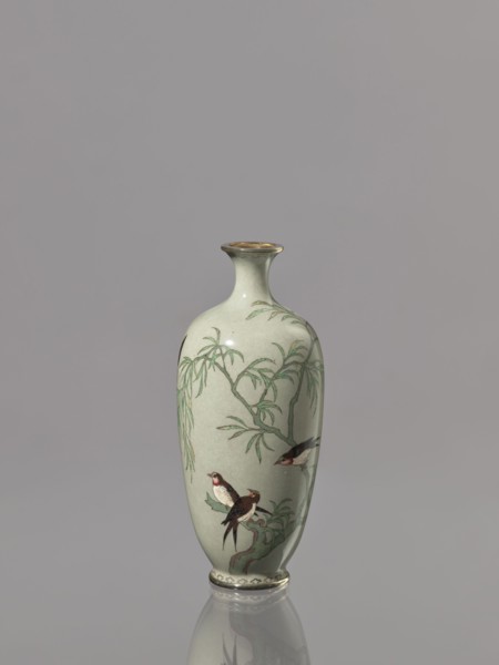 Vase with a short, thin, flared neck. Decoration: gray-green background with plants and swallows