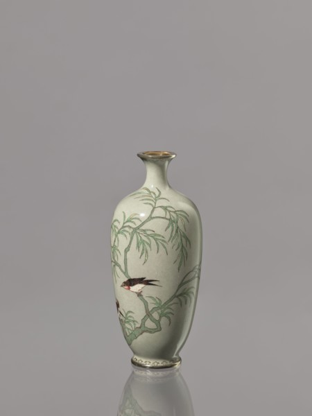 Vase, Cloisonné enamel vase with a short, thin, flared neck. Decoration of plants and swallows on a