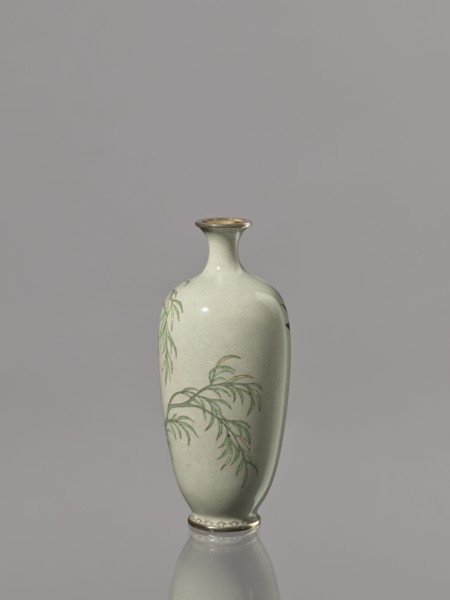 Vase with a short, thin, flared neck. Decoration with swallows and plants on a gray-green