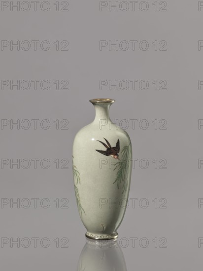 Vase, Cloisonné enamel vase with a short, thin, flared neck. Decoration of swallows, plants, and