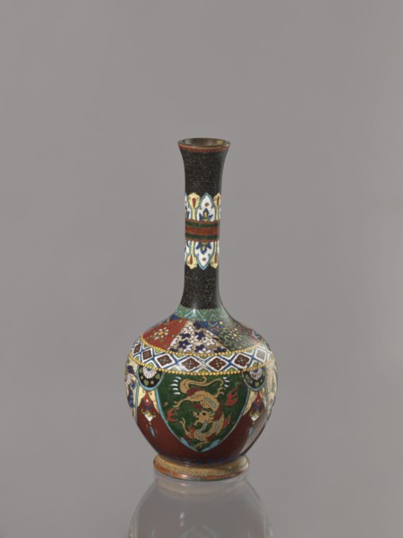Vase, Japanese, Meiji 1868–1912, cloisonné enamel vessel decorated with birds, dragons, and