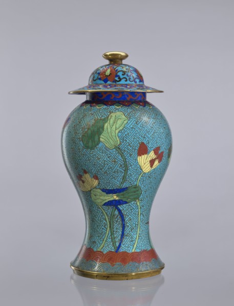 Vase with cover;, Cloisonné enamel vessel decorated with lotuses and geometric patterns. Qing
