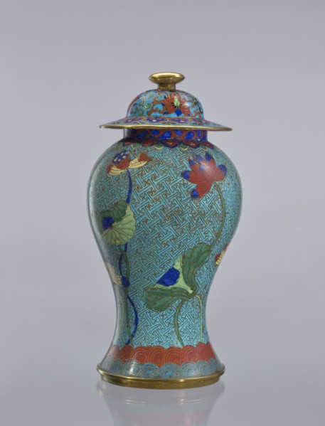 Vase with cover, Chinese, Qing dynasty 1644–1911, cloisonné enamel with lotus and geometric