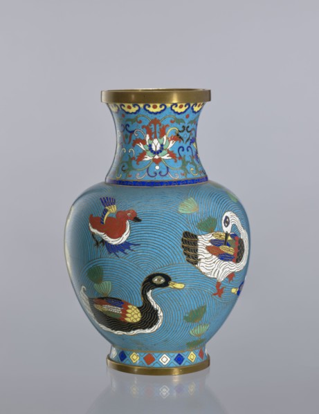 Vase, Cloisonné enamel decorative vessel vase on a foot, with a neck. Decoration: ducks on a