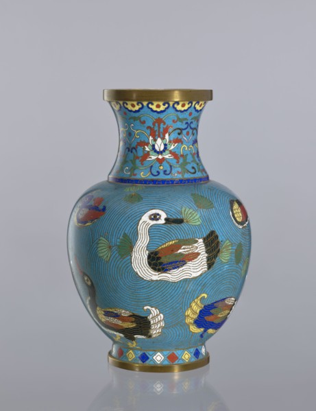 Vase, Cloisonné enamel vessel on a foot with a neck. Decoration: ducks on a turquoise background;
