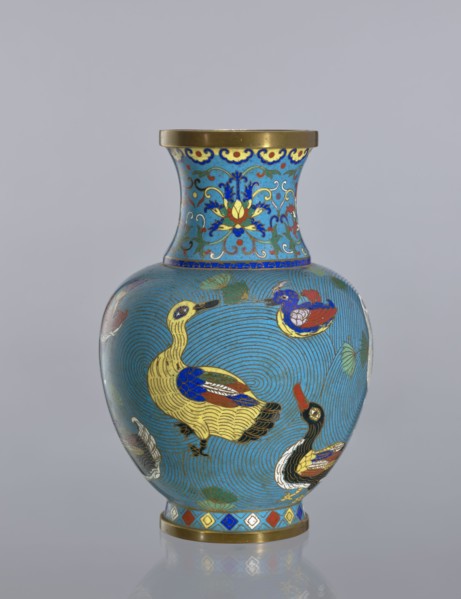 Vase, Cloisonné enamel vase on a foot with a neck. Decoration: ducks on a turquoise background;