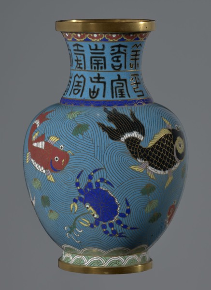 Vase, 19th century, China. Cloisonné enamel vessel on a foot with a neck. Decoration: fish and