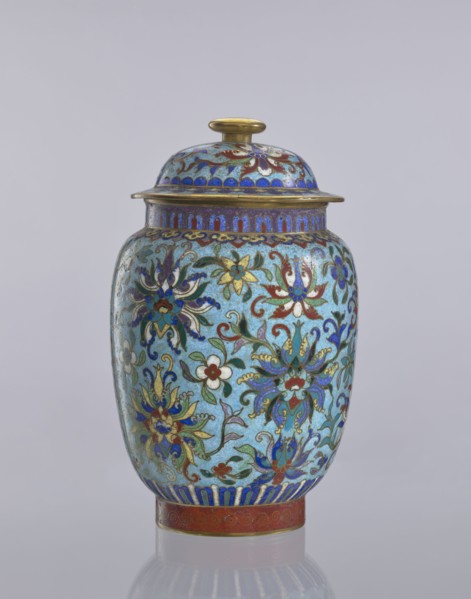 Vase with lid; maker, Chinese; Qing 1644–1911; cloisonné enamel decorative vessel with floral