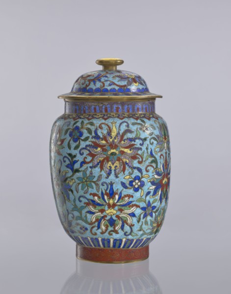 Vase with lid, Chinese, Qing 1644–1911, cloisonné enamel decorative vessel with floral ornaments,