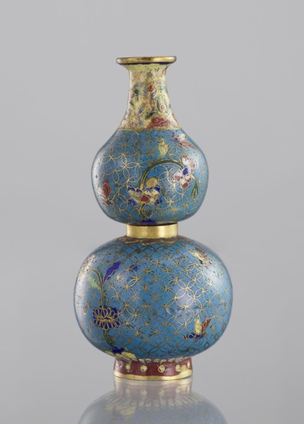 Double gourd-shaped vase, cloisonné enamel, decorated with flowers, butterflies, and insects on a