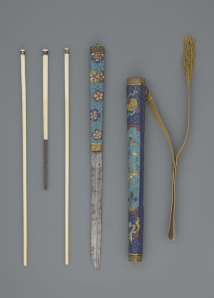 Travel cutlery set in case; Chinese, Qing dynasty 1644–1911, 19th century. Consists of: a Knife