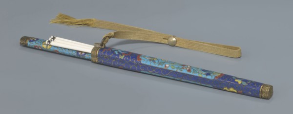 Travel cutlery set in case; Chinese, Qing dynasty 19th century. Knife with cloisonné enamel handle