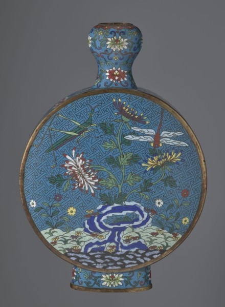 Vase - moon bottle pilgrim bottle with a flattened belly, supported by a separate oval high foot,