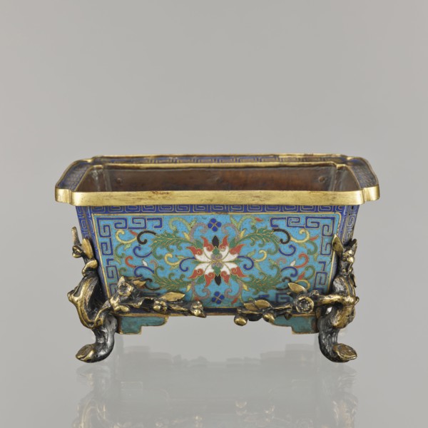 Flower pot;, Chinese, Qing dynasty 1644–1911. Cloisonné enamel incense burner on four legs;