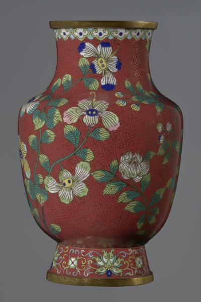 Vase, Chinese, Qing dynasty Xianfeng period, 1851–1861, cloisonné enamel. Tall conical foot flaring