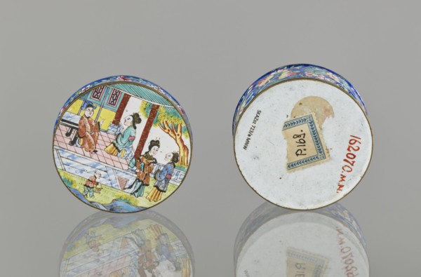 Box with a lid;, Painted enamel box depicting figurative scenes with peonies, grapes, and peaches.