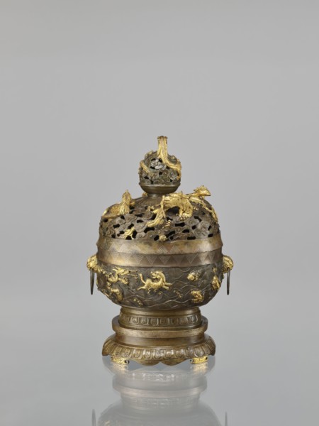 Censer with a cover on a base, Qing style, Chinese art. Chinese culture. Dragons iconography,