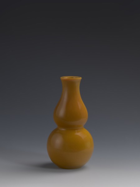 Vase, double gourd form; yellow glass, cast and cut, opaque; stained glass; gourds; Chinese; Qing