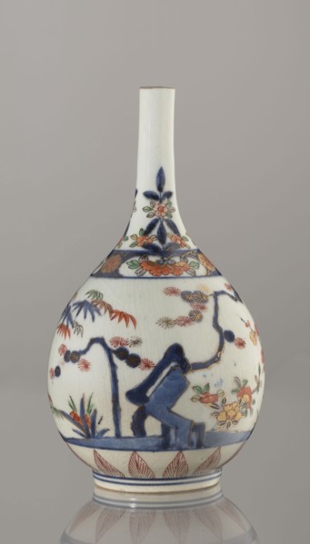 Bottle, porcelain with painted bamboos, pines, plums and sake motifs in Imari palette, Three