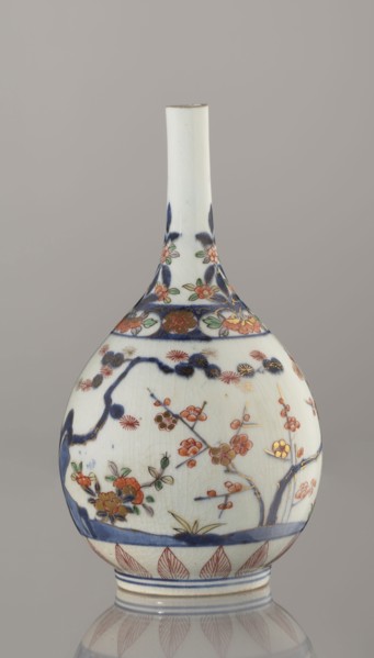 Bottle, porcelain with bamboo, pine, and plum decorations Three Friends of Winter, Imari-style sake