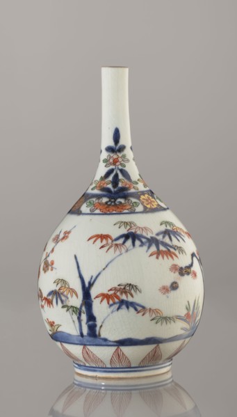 Bottle, porcelain with painted bamboos, pines, plums and sake motif Three Friends of Winter, Imari