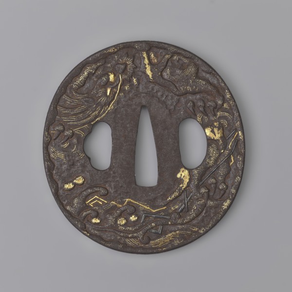 Crossguard tsuba, Masashige. Round tsuba maru gata with a slightly raised, irregularly outlined