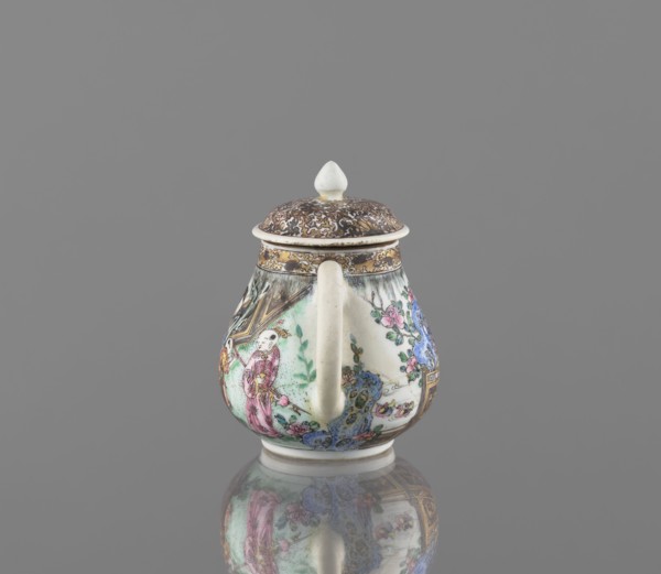 Teapot. Porcelain body with white, transparent glaze; decoration painted with onglaze enamel paints