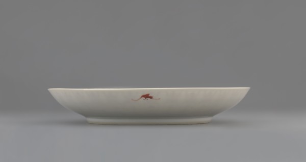 Plate;, Porcelain fragment with white glaze, decorated with overglaze iron red. Colored porcelain,