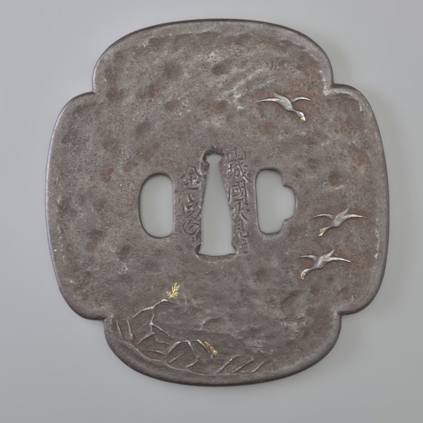 Crossguard tsuba, Kaneie craftsman, geese, sword crossguards, mokkô. Tsuba for a tachi sword.
