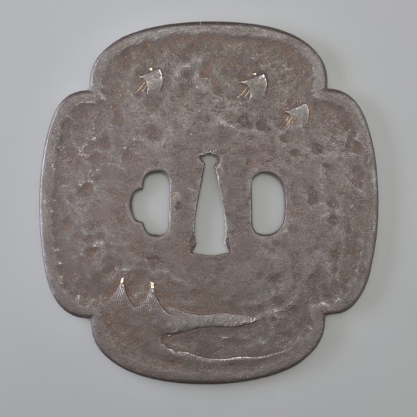 Crossguard tsuba, Kaneie, signed. Quatrefoil shape mokkô gata with a slightly raised edge of the