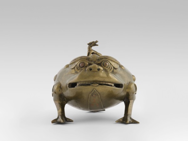 Incense burner with a cover — moon frog toad. Cast in bronze studded with copper. Popular motif in
