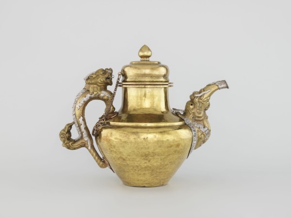 Teapot, Tibetan, 19th century, Lhasa. Jug with a lid on a chain; dragon-shaped handle, spout