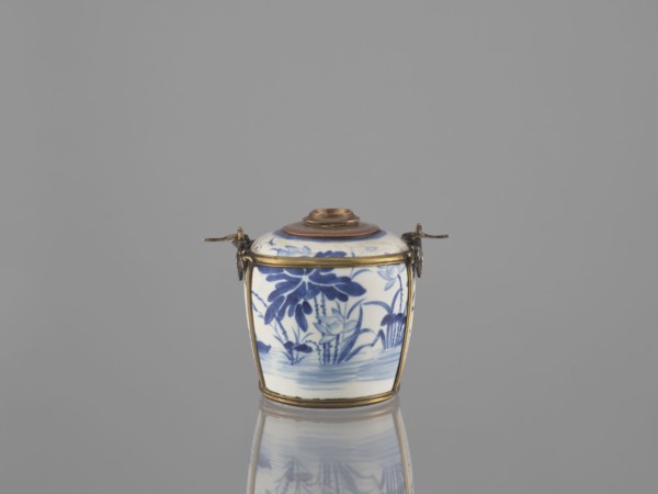 Water pipe, Porcelain belly mounted in a metal frame with floral ornament. Porcelain painted