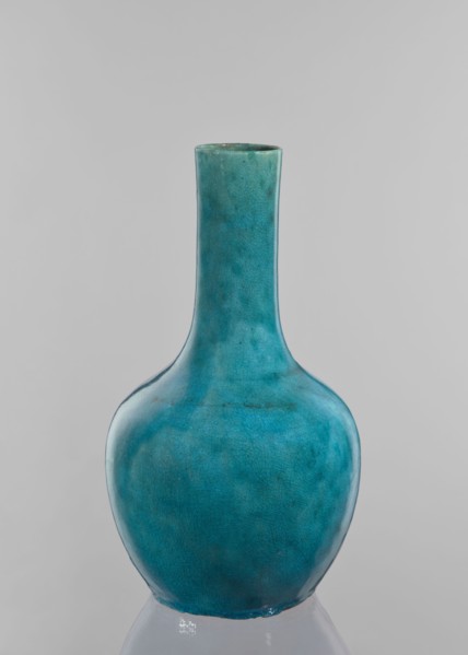 Vase-bottle; maker, cracklework decoration; uniform blue-green glaze with fine cracklework;