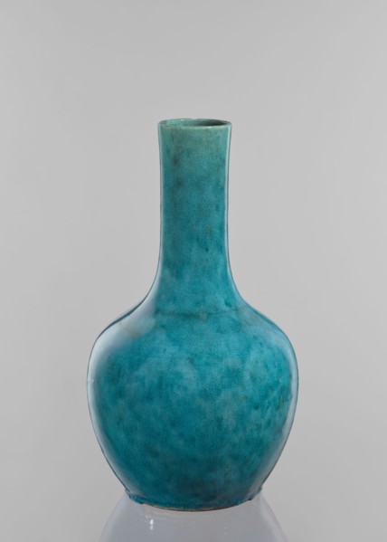 Vase-bottle; maker, ; Chinese; cracklework decoration; uniform blue-green glaze with fine
