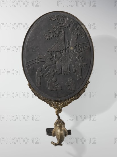 Framed oval screen, Chinese, Qing 1644–1911, depicting children and children's games. Oval screen