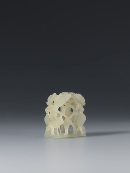 Ornament, Chinese, Ming 1368–1644, Ming style; jade boss ornament depicting bosses, lotuses,