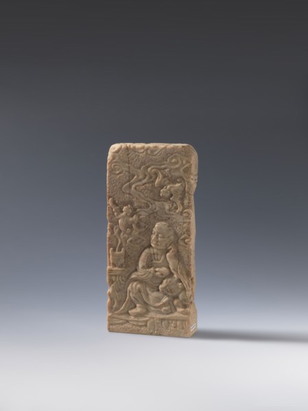 Seal stamp;, bas-relief decoration depicting bats, a lion, and an arhat; Chinese; Qing dynasty