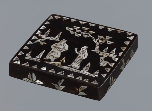 Lid, figural scenes, Chinese art, Chinese culture, Qing 1644–1911, trees, pines; lid made of black