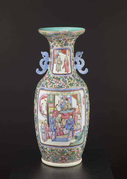 Cantonese vase, Canton China, Chinese art; 19th century. Ovoid body with thin neck and two side