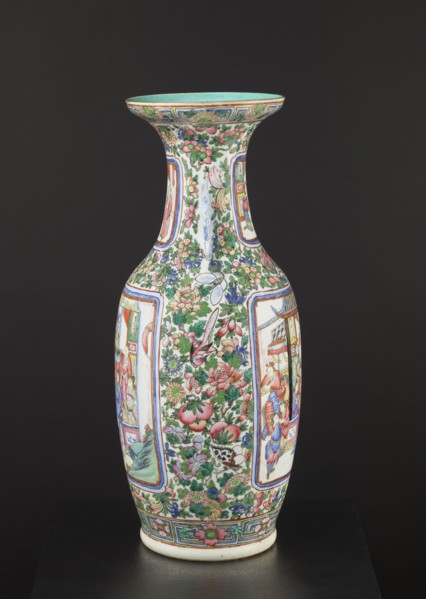 Cantonese vase, Canton China, 19th century. Ovoid body with thin neck and two side handles; rib