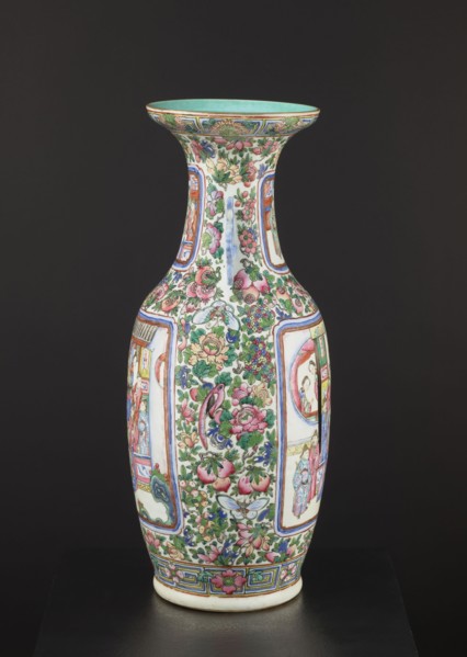 Cantonese vase, Canton China, Chinese art; ovoid body with thin neck and two side handles, rib with