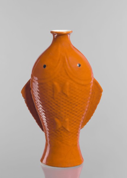 Vase in the shape of two fish, Chinese, Qing dynasty 1644–1911, ceramics decorative vessel with red
