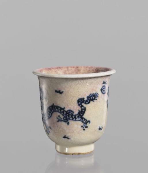 Bowl, Chinese, blue-and-white porcelain with cracklework decoration featuring dragons, pearls, and
