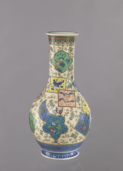 Vase, Japanese, insects and butterflies, colored porcelain with floral decorations and geometric