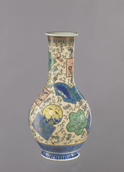 Vase, Japanese, colored porcelain and cloisonné enamel, decorated with insects and butterflies,
