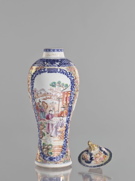 Vase with a lid, Chinese, ceramics, colored porcelain, figurative scenes, lids, geometric