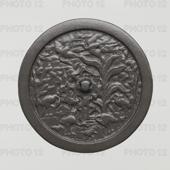 Mirror, Chinese, Qing dynasty 1644–1911, 19th century. Bronze mirror with birds and cranes and